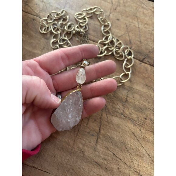 Gold-Tone Chain Necklace With Raw Quartz Pendant & Pearl Accent - Picture 8 of 14